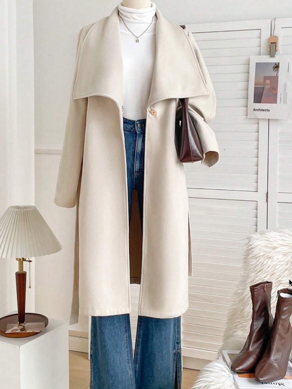 Classic Solid Cream Wide Collar belted Jacket Coat - Picture 5 of 6